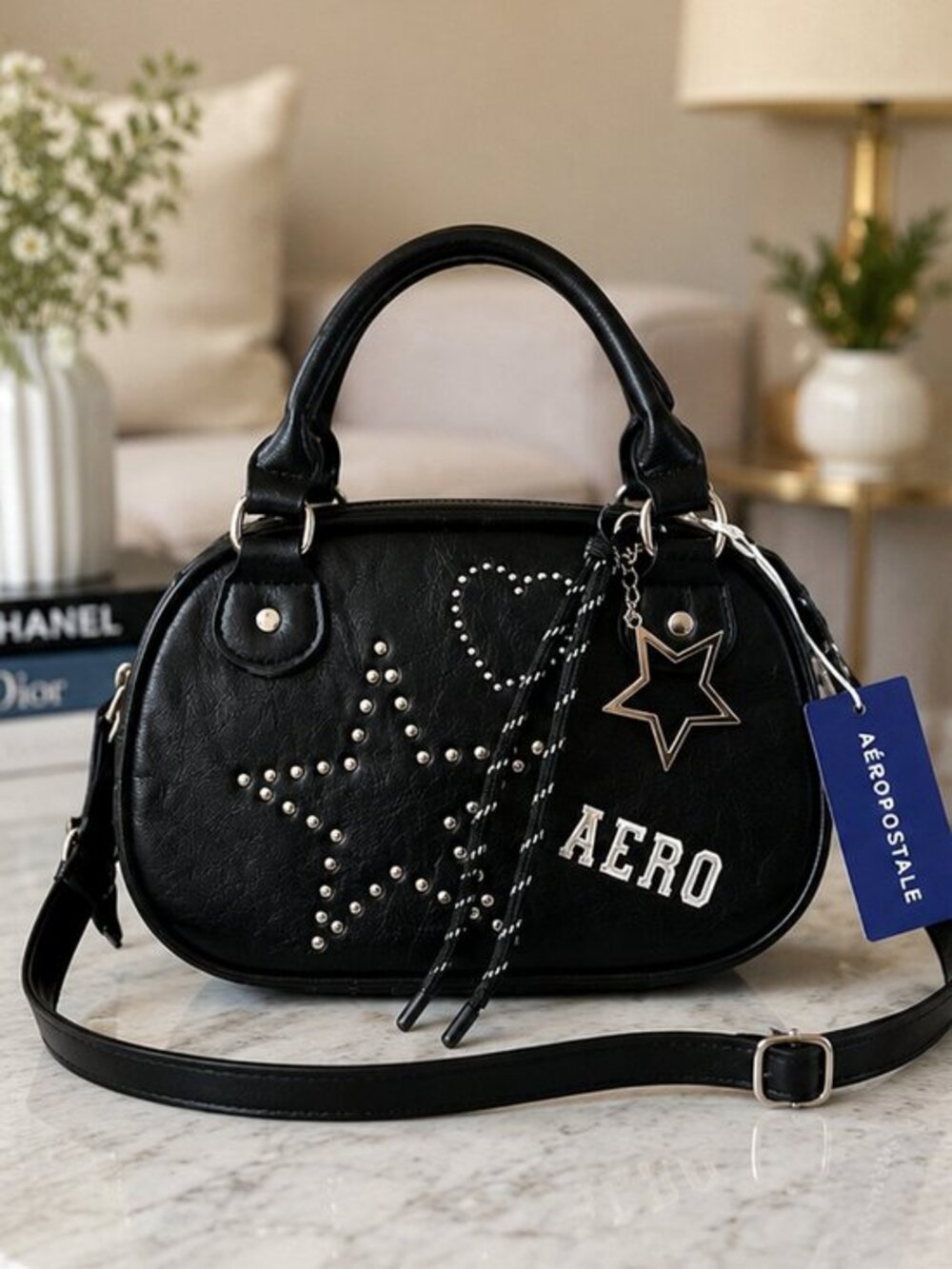 Aéropostale Black Studded Bowler Satchel Crossbody SMCH053 NWT